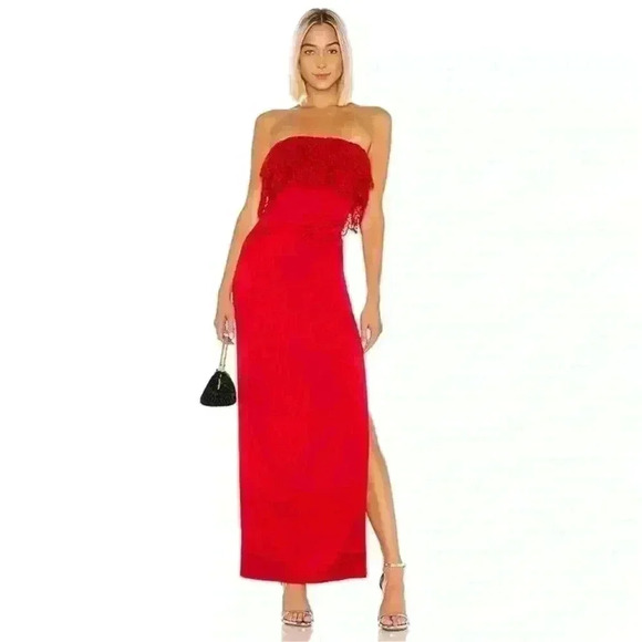 Lovers + Friends Dresses & Skirts - Lovers + Friends Sylvia Red Maxi Whimsigoth Lace Ruffle Satin Slit Dress Size S